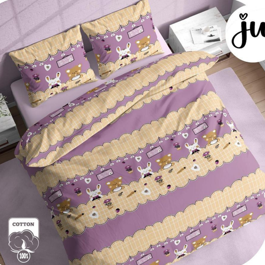 Beige & Purple Honey Bunny Pure Cotton Bedsheet