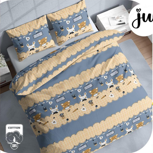 Beige & Blue Honey Bunny Pure Cotton Bedsheet