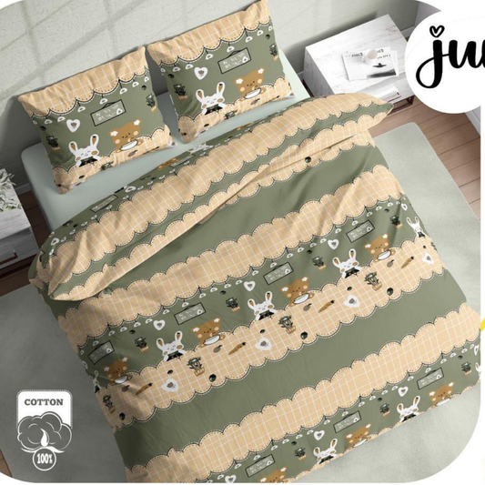 Beige & Green Honey Bunny Pure Cotton Bedsheet