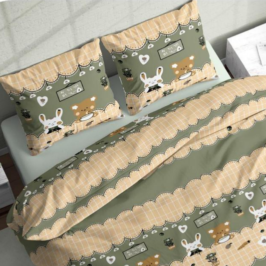Beige & Green Honey Bunny Pure Cotton Bedsheet