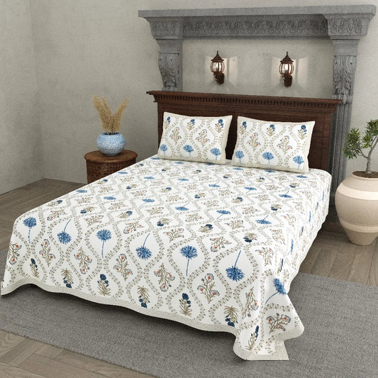 Azure Bloom 100% Cotton Bedsheet with Pillow Covers
