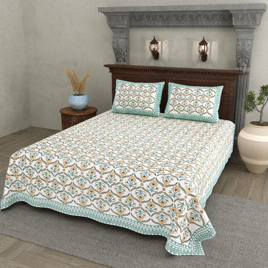 Turquoise Bloom 100% Cotton Bedsheet with Pillow Covers