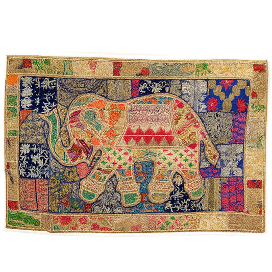 Decorative rug with a colorful elephant design on a white background