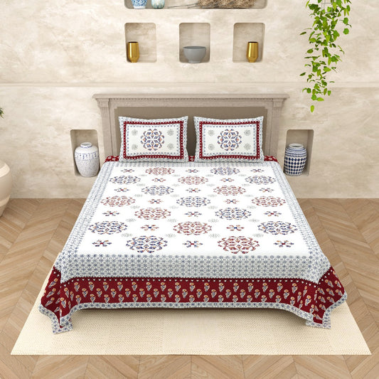 Fizza Crimson Charm Mandala 100% Cotton Bedsheet with Pillow Covers