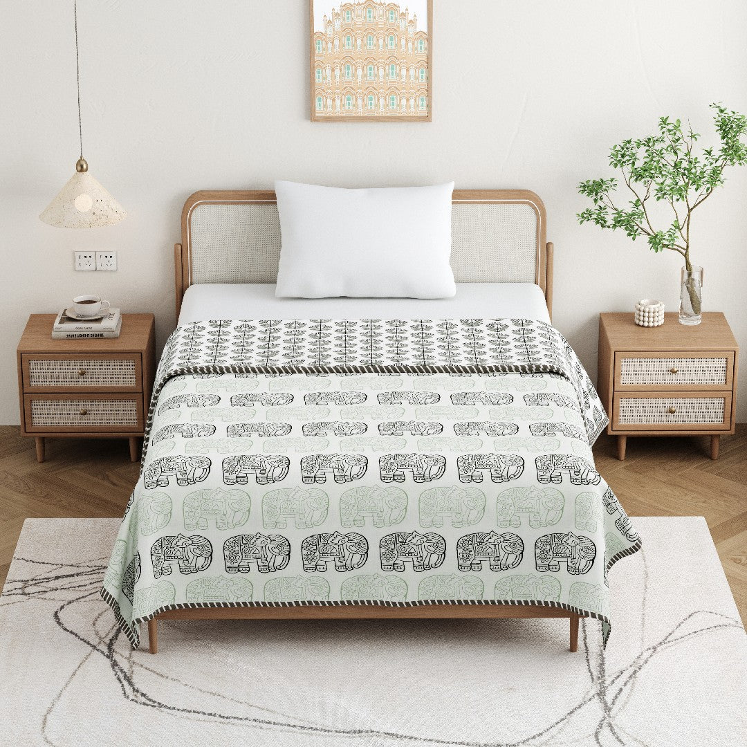 The Elephant Parade Dohar - 100% Cotton Dohar, Summer Blanket/Quilt for AC Rooms